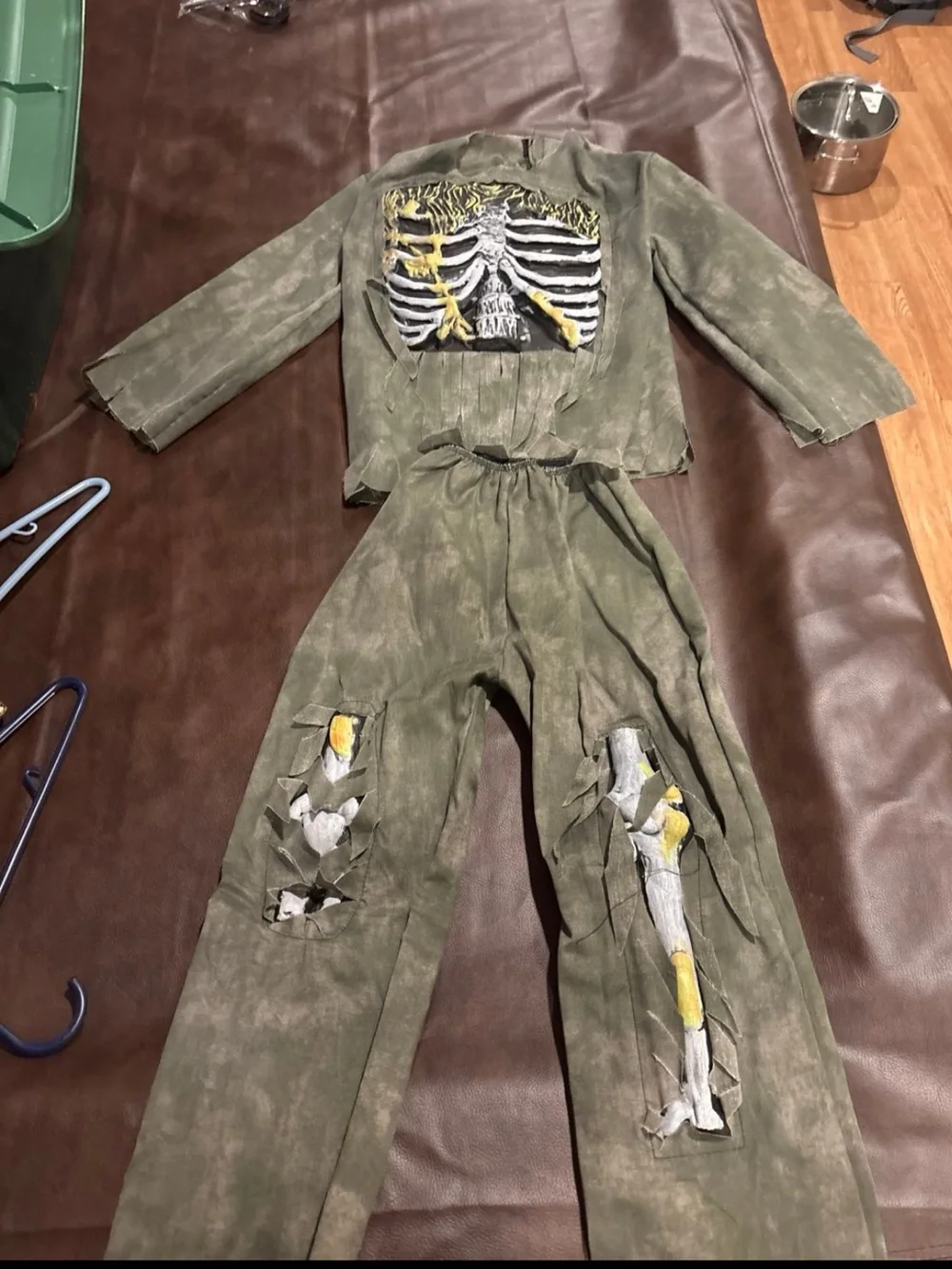 Kids Olive Green Zombie Skeleton Costume with Ripped Details